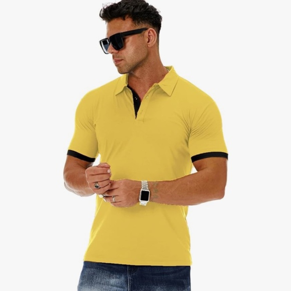 CNROS-Men's Yellow Short Sleeve Solid Polo Shirt Slim Fit Casual Basic D…